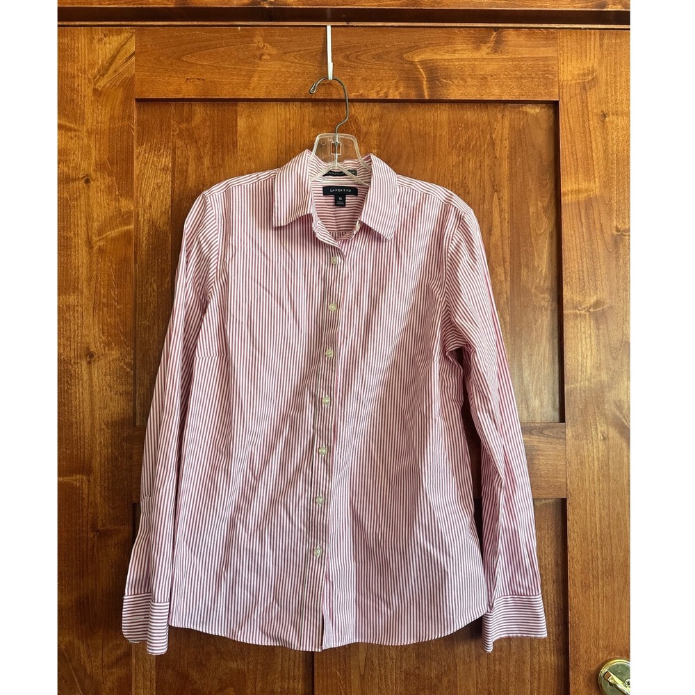 Lands End Womens Pink White Striped No Iron Pinpoint Oxford Button Down Shirt 10